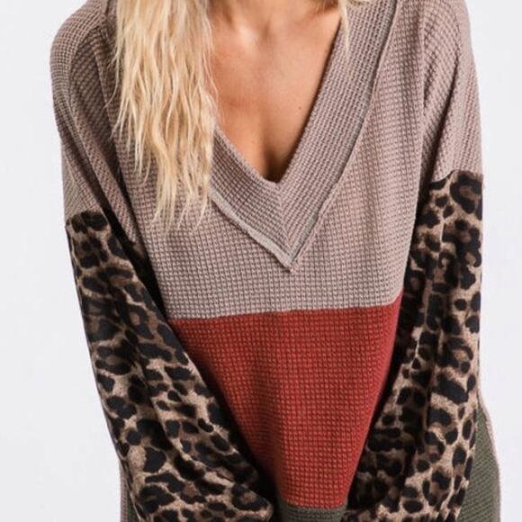 Leopard Animal Print Balloon Sleeve Waffle Knit Color Blocking Fall Blouse - Picture 2 of 10